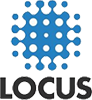 Logotipo da Locus com um símbolo azul composto por círculos interconectados acima do nome em letras maiúsculas pretas.