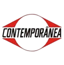 Logotipo da Contemporânea com o nome centralizado em preto dentro de uma forma circular estilizada em vermelho.