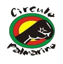 Logotipo do Circulo Palmarino com uma mão fechada estilizada em preto sobre um fundo circular com as cores verde, amarelo e vermelho.